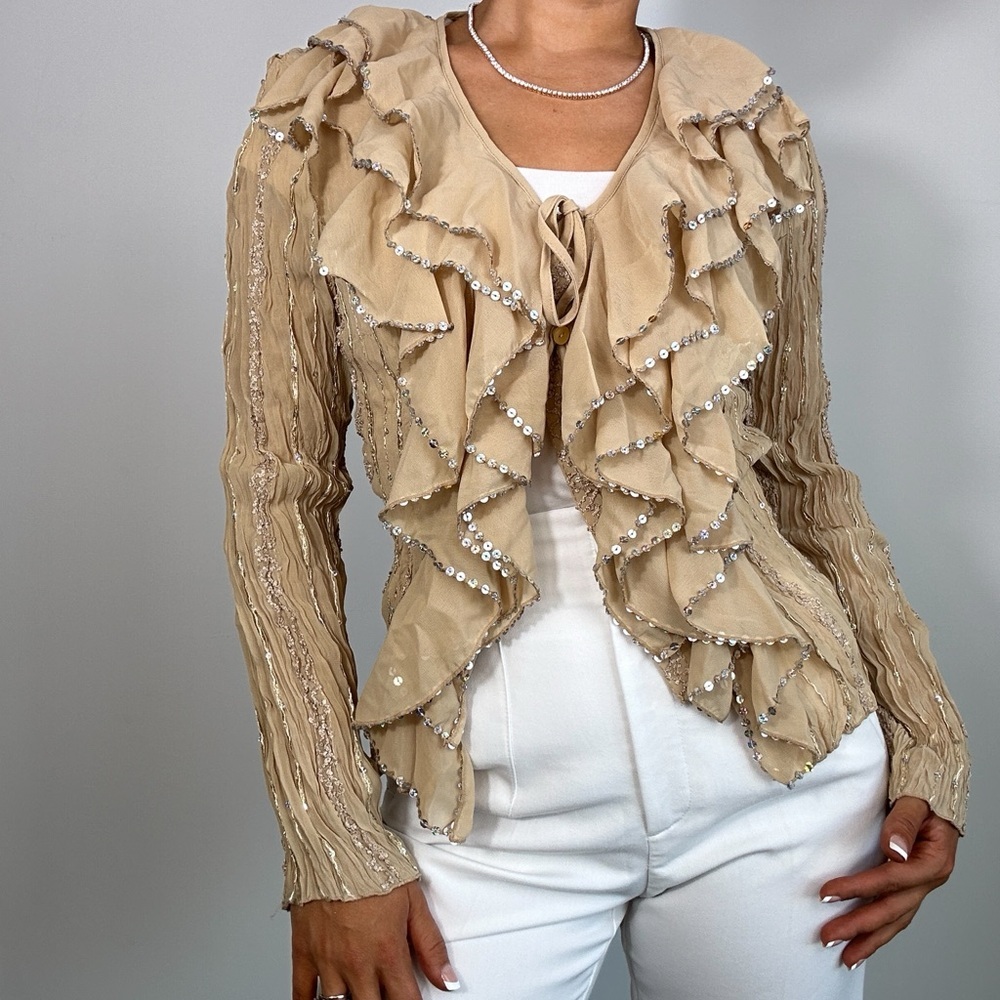 2000s Y2K Fairy Vintage Tan Ruffled Texture Long Sleeve Blouse Sequins